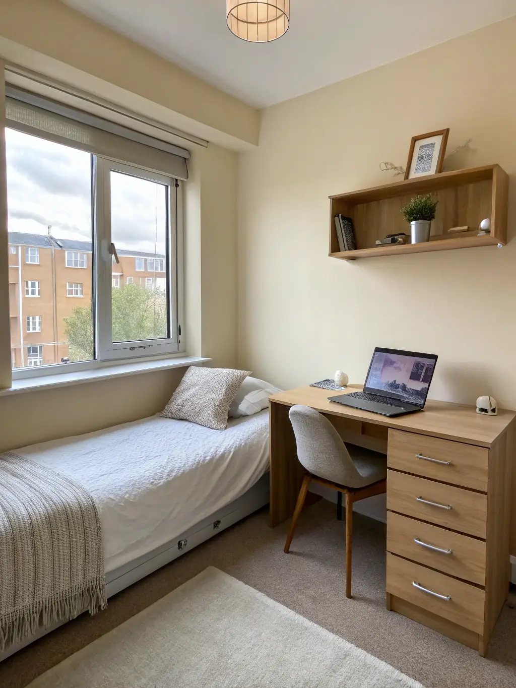 A picture of a modern, safe, and clean student dormitory room in a Chinese university, showing a comfortable living space.