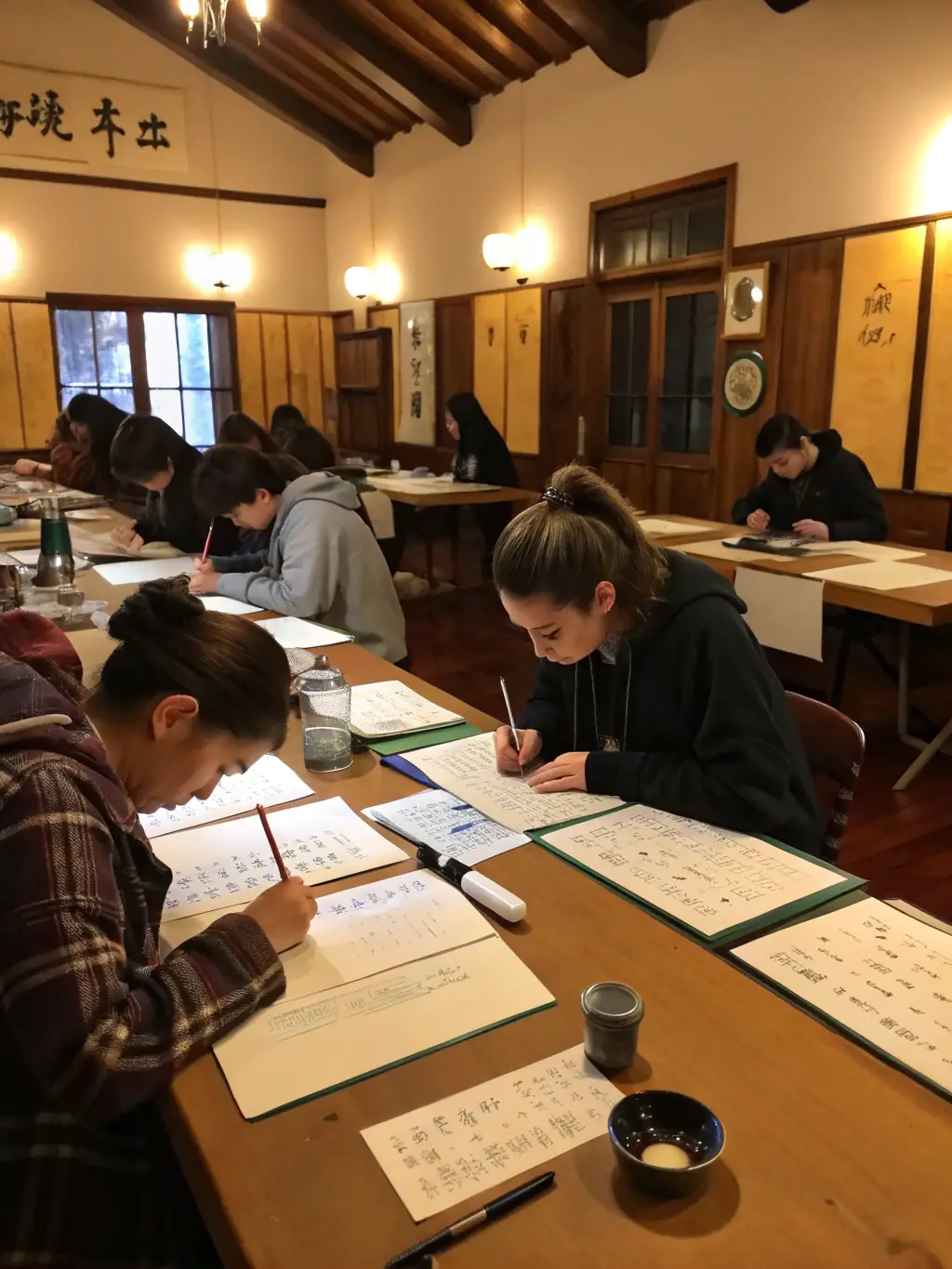 A photo of international students participating in a cultural event in China, such as a Chinese calligraphy workshop or a traditional tea ceremony.