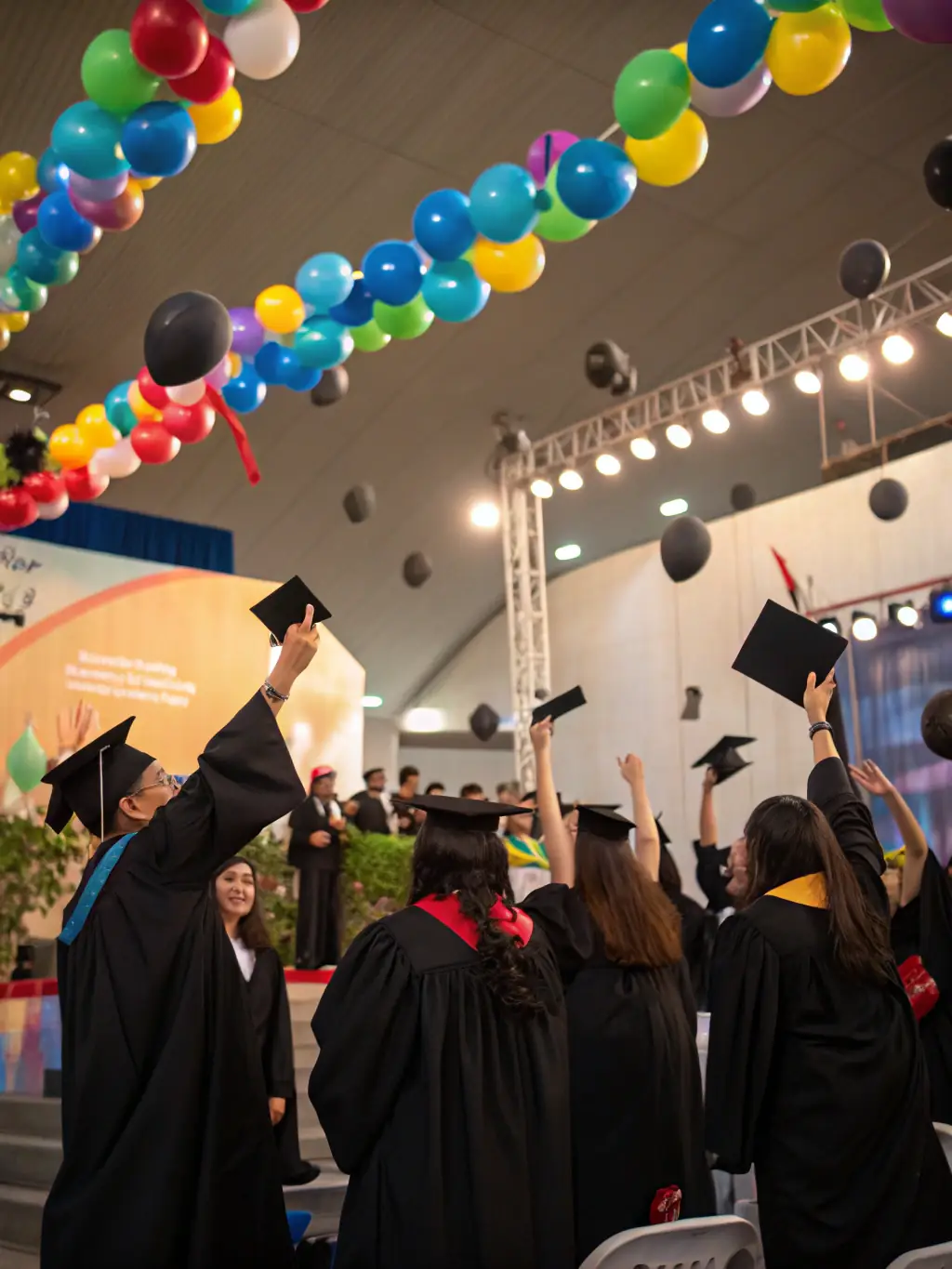 A photo of a group of graduates in graduation gowns, celebrating their success in front of a modern office building in a major Chinese city.