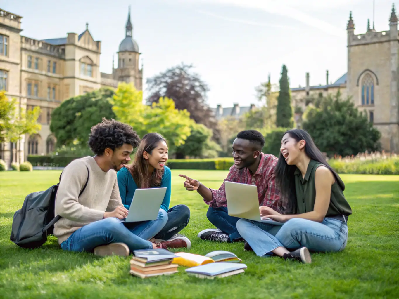 A vibrant photo of a modern university campus in China, with students from diverse backgrounds interacting and studying together, showcasing the international atmosphere and academic environment.